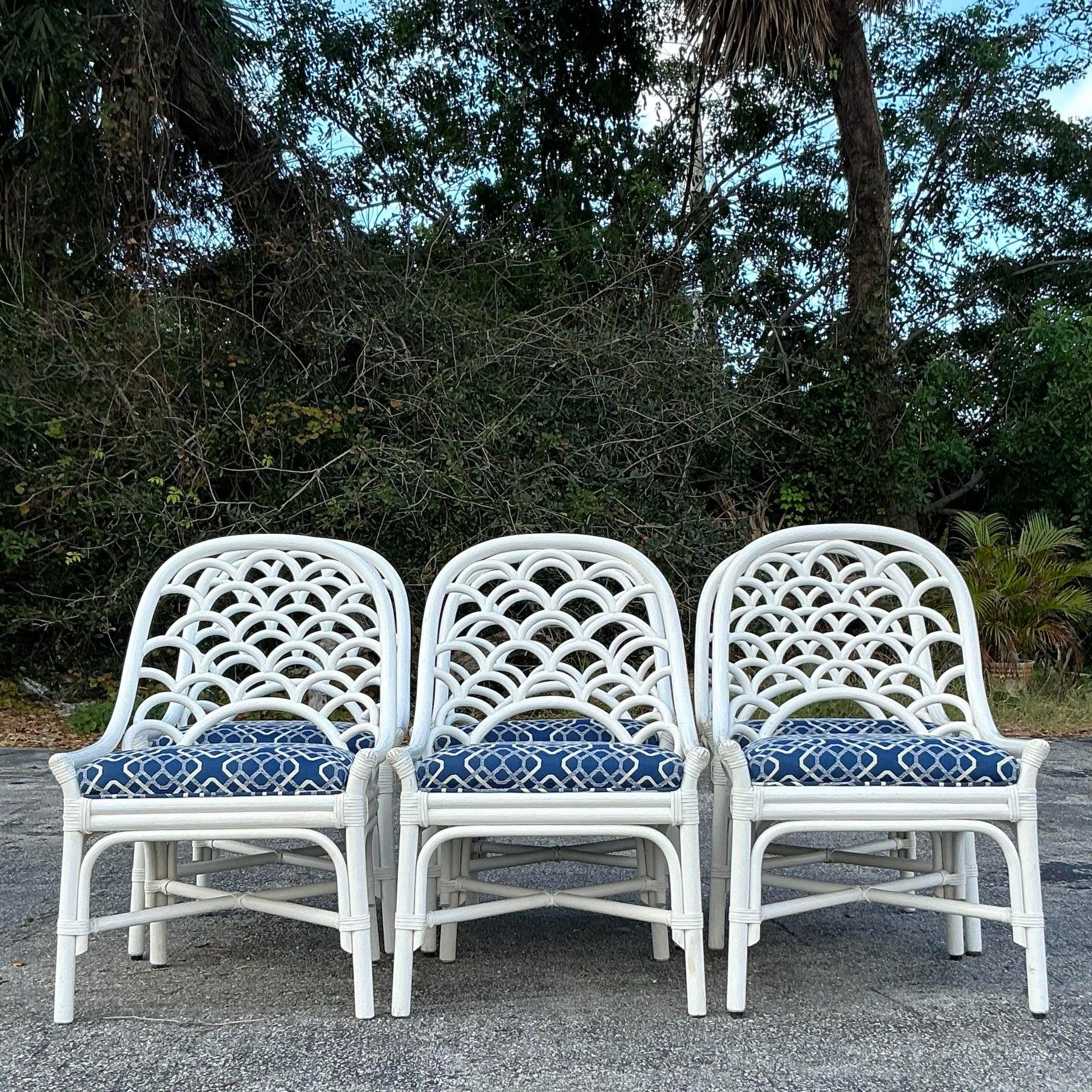 Contemporary Vintage Coastal Bent Rattan Dining Chairs - Set of 6