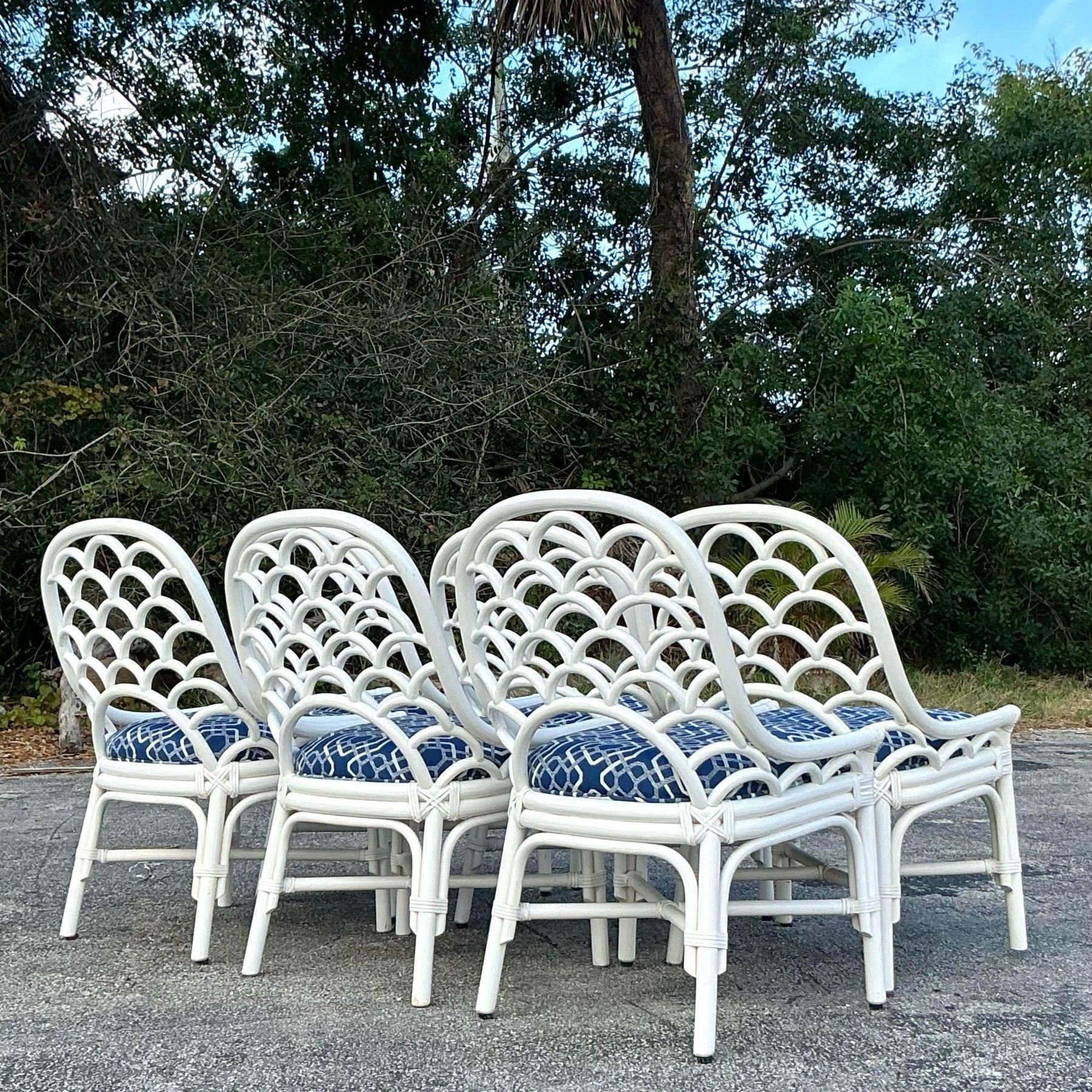 Fabric Vintage Coastal Bent Rattan Dining Chairs - Set of 6
