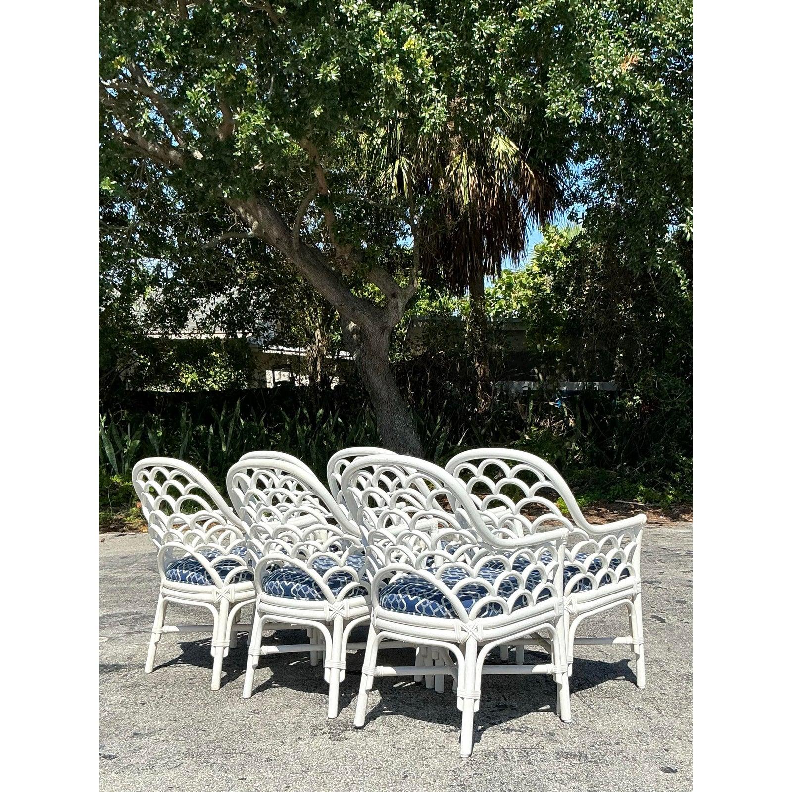 Tissu d'ameublement Chaises de salle à manger vintage en rotin courbé - Lot de 6 en vente