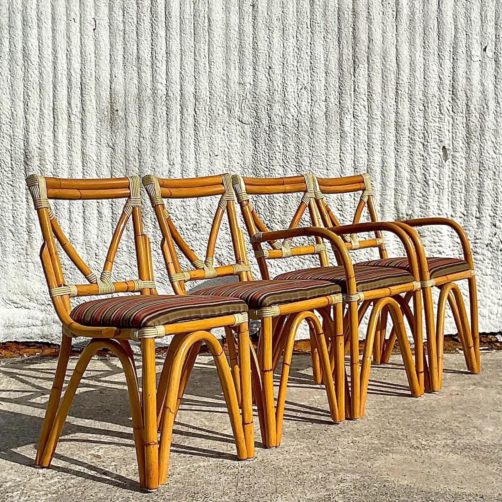 20ième siècle Vintage Coastal Bent Rattan Dining Chairs - Set of Four en vente