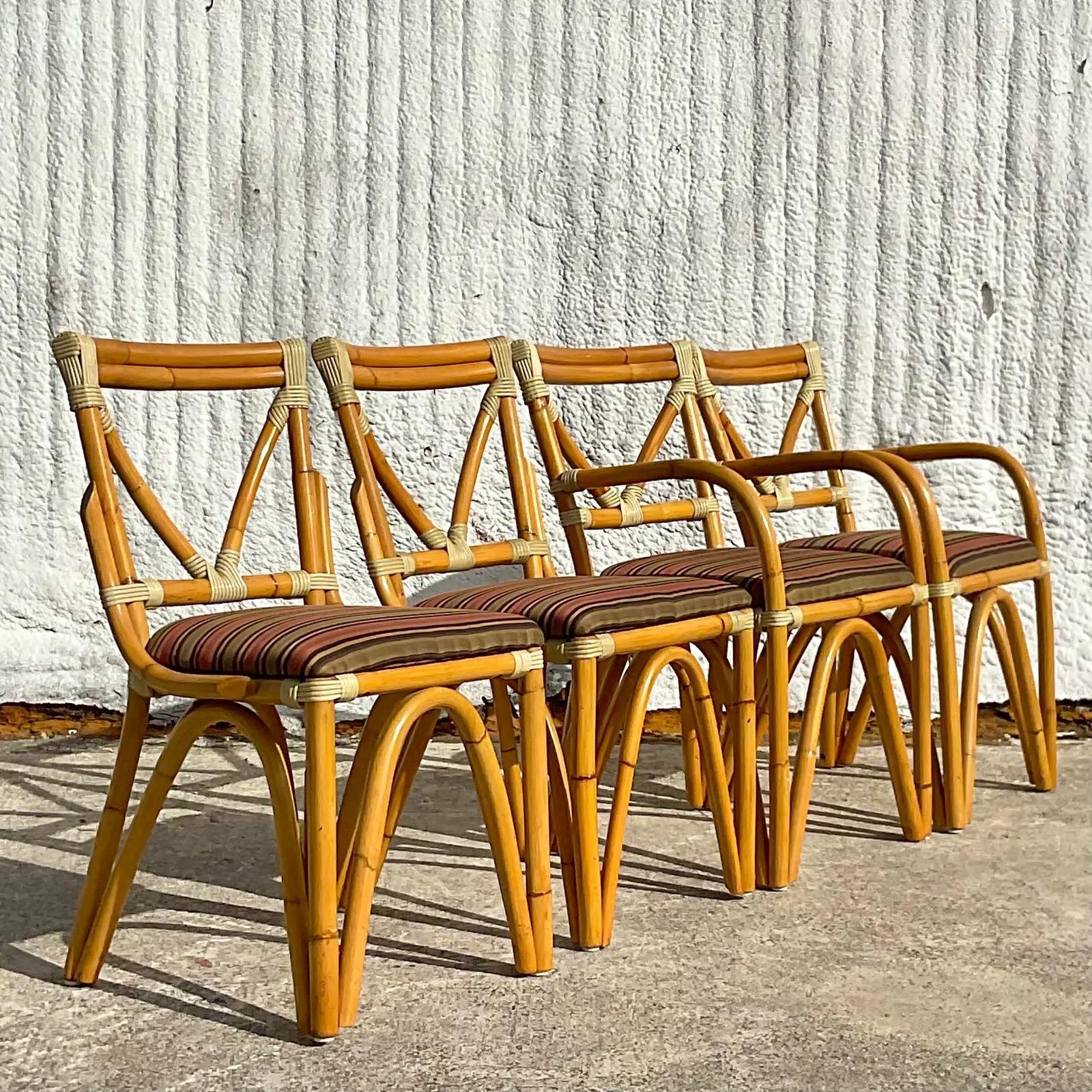 20th Century Vintage Coastal Bent Rattan Dining Chairs - Set of Four For Sale