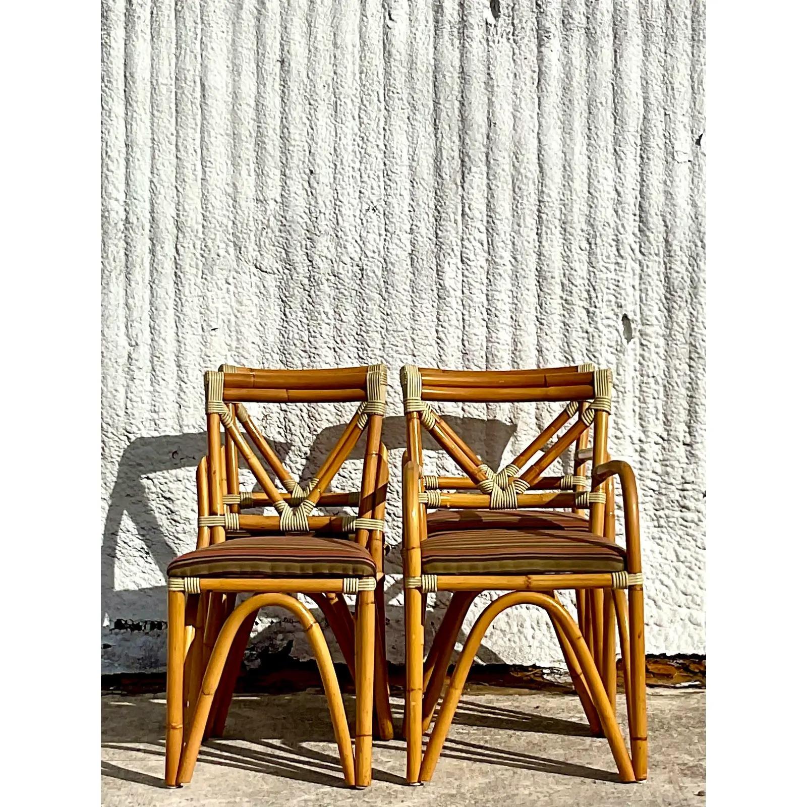 Vintage Coastal Bent Rattan Dining Chairs - Set of Four For Sale 1