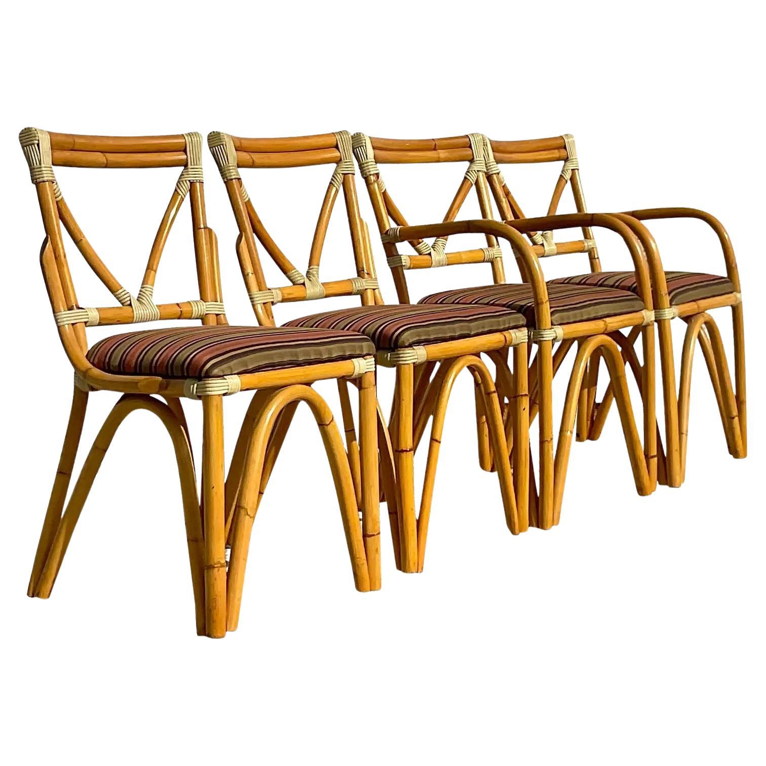 Vintage Coastal Bent Rattan Dining Chairs - Set of Four For Sale