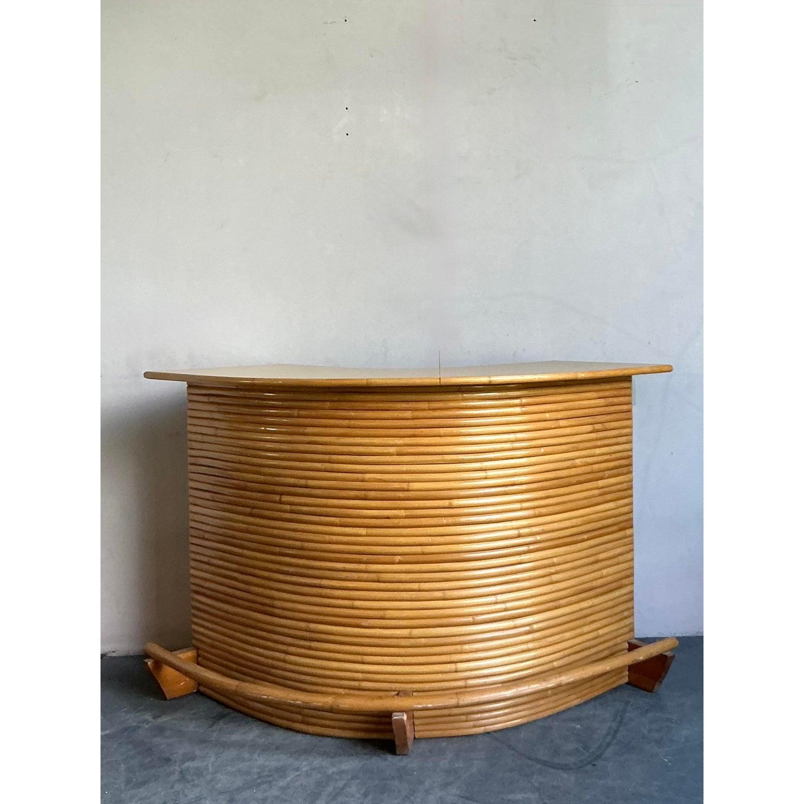 Hollywood Regency Vintage Coastal Bent Rattan Dry Bar With Three Coordinating Stools - Set of 4 For Sale