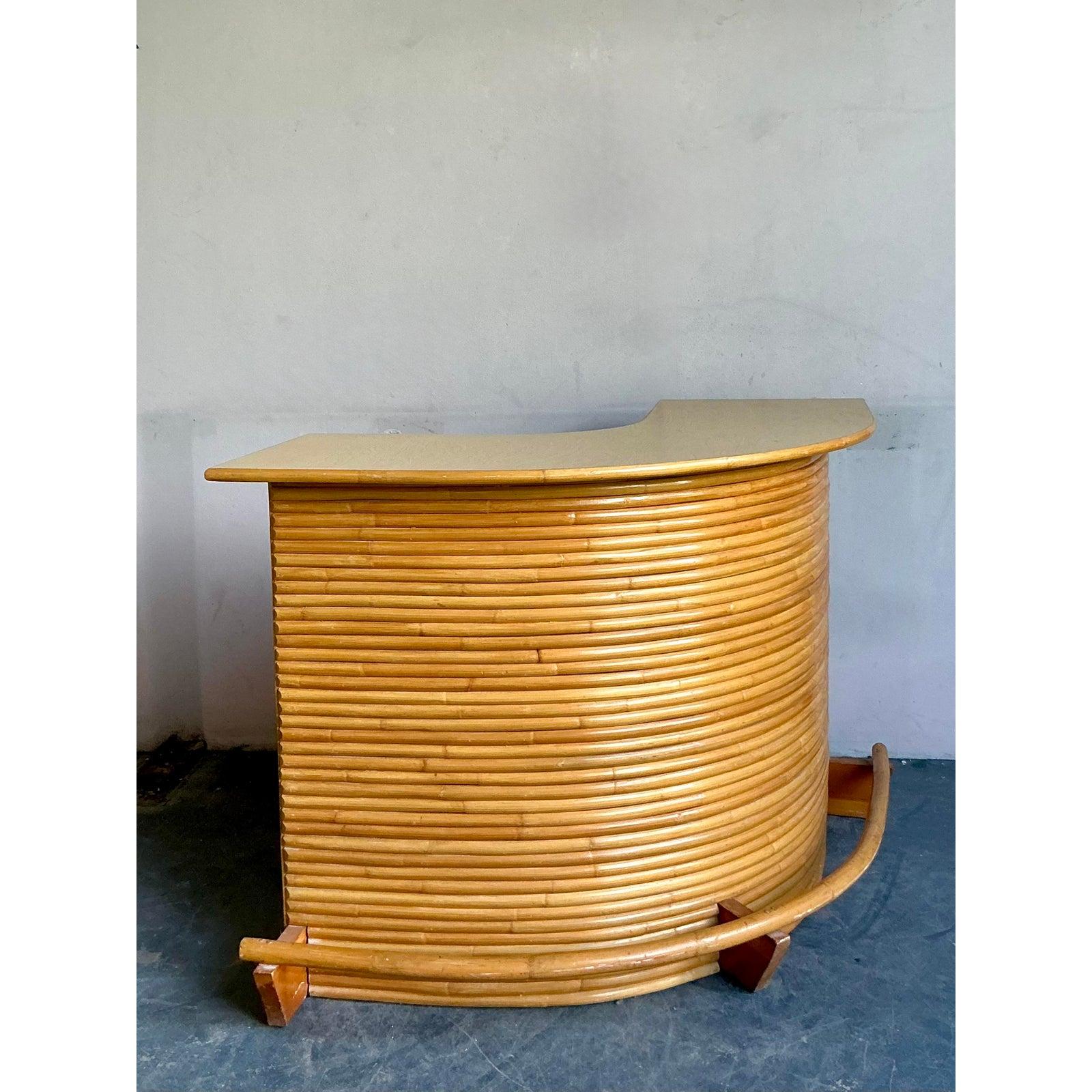 Philippine Vintage Coastal Bent Rattan Dry Bar With Three Coordinating Stools - Set of 4 For Sale