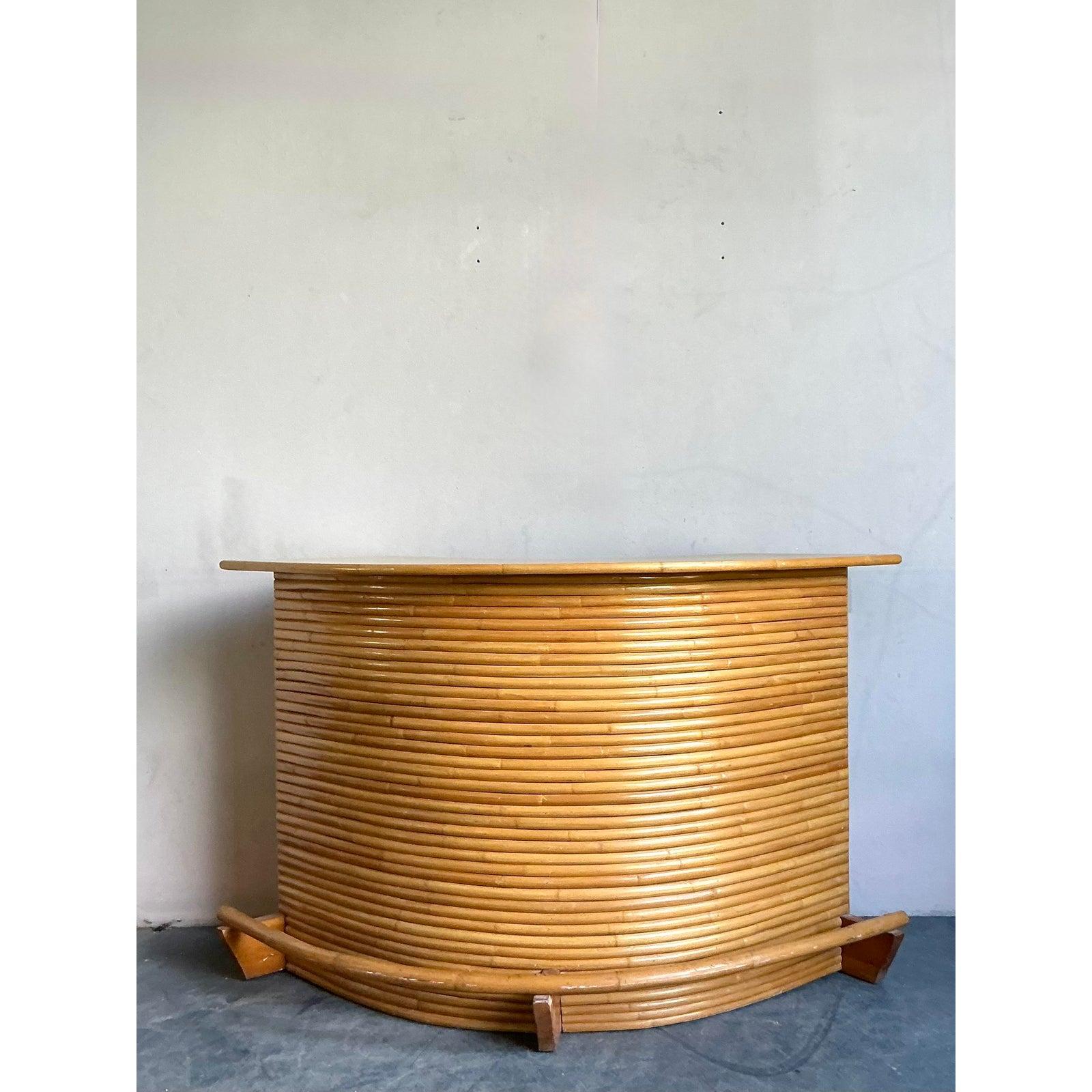 Bamboo Vintage Coastal Bent Rattan Dry Bar With Three Coordinating Stools - Set of 4 For Sale
