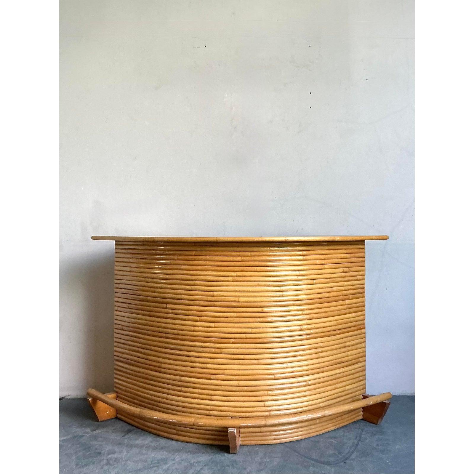 Vintage Coastal Bent Rattan Dry Bar With Three Coordinating Stools - Set of 4 For Sale 1