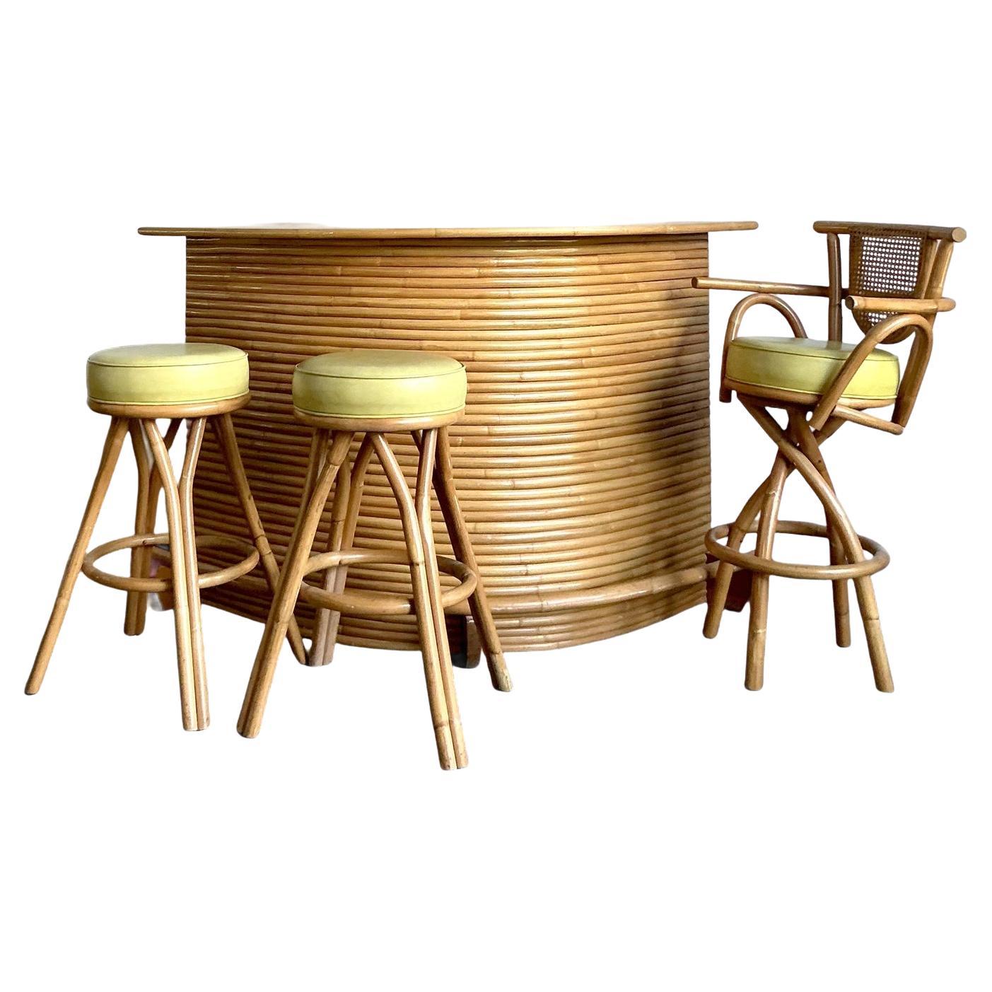 Vintage Coastal Bent Rattan Dry Bar With Three Coordinating Stools - Set of 4 For Sale