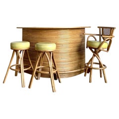 Vintage Coastal Bent Rattan Dry Bar With Three Coordinating Stools - Set of 4