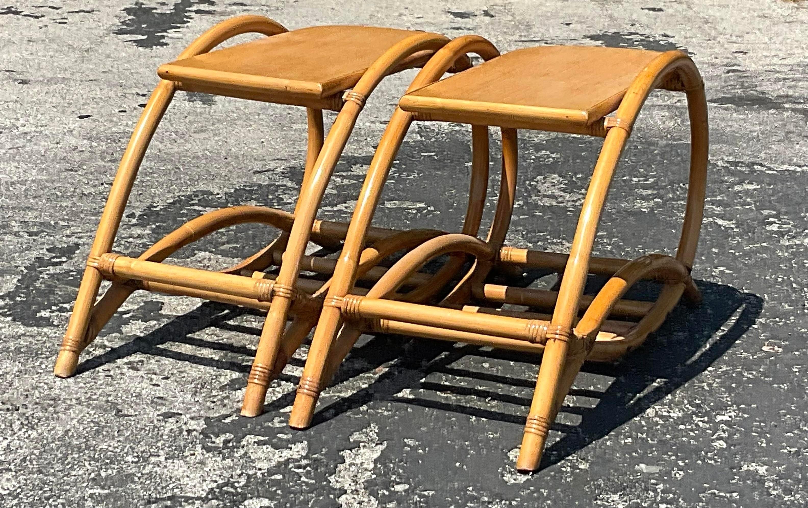 Vintage Coastal Bent Rattan End Tables - a Pair In Good Condition For Sale In west palm beach, FL