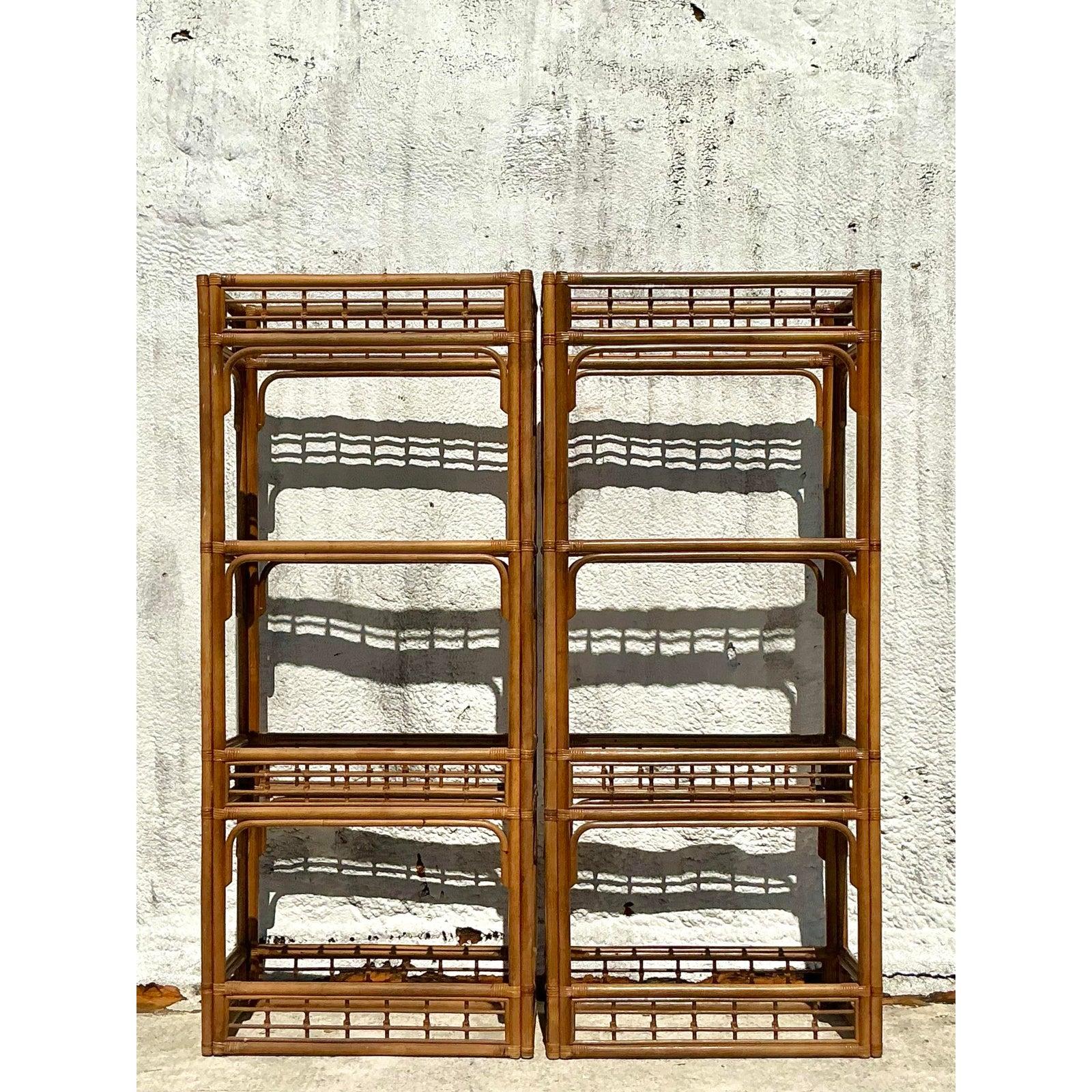 Mid-Century Modern Vintage Coastal Bent Rattan Etagere - A Pair For Sale