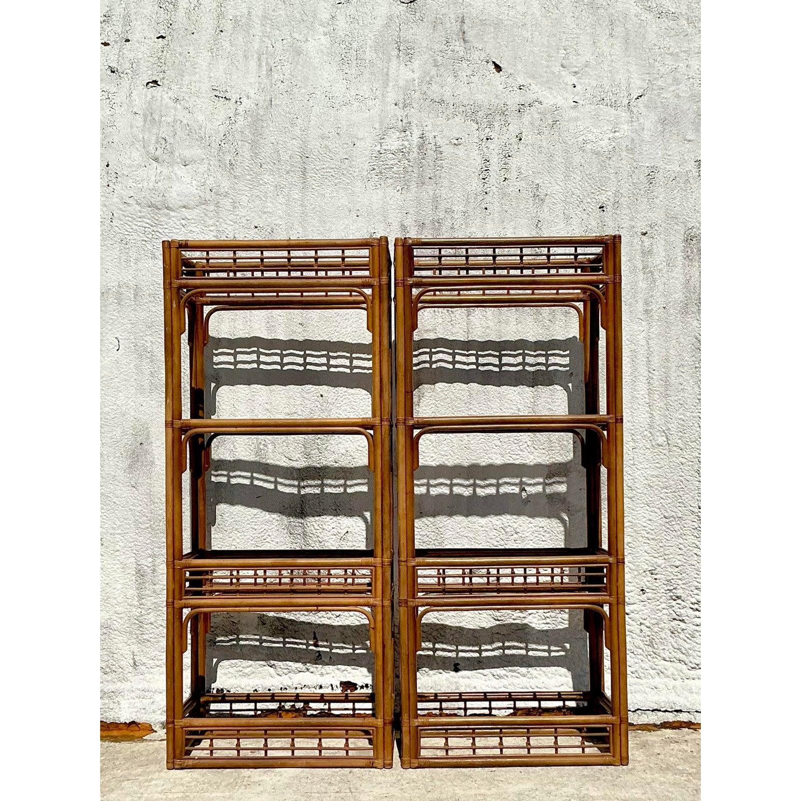 Philippine Vintage Coastal Bent Rattan Etagere - A Pair For Sale