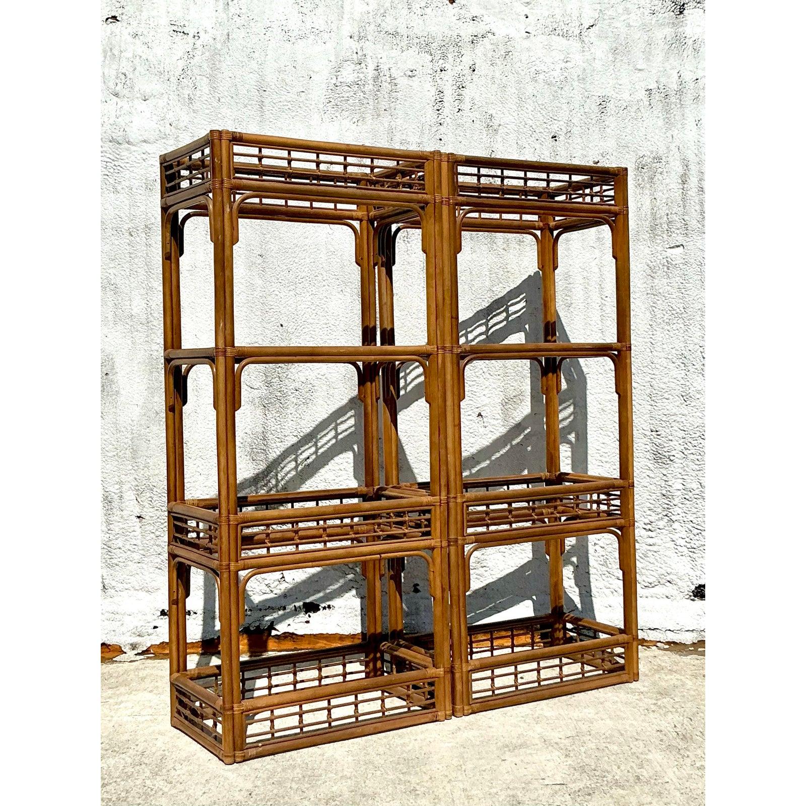 Vintage Coastal Bent Rattan Etagere - A Pair In Good Condition For Sale In West Palm Beach, FL
