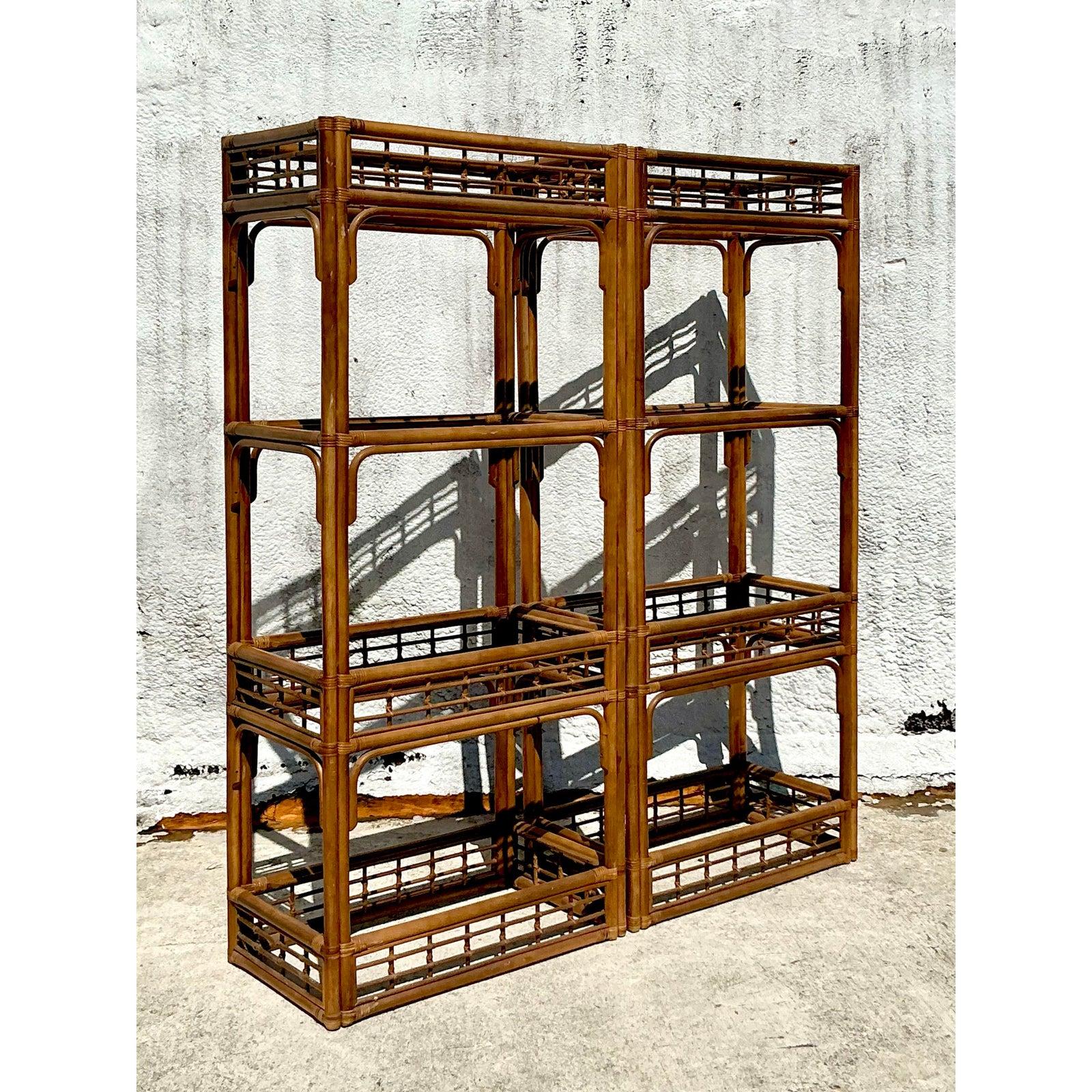 20th Century Vintage Coastal Bent Rattan Etagere - A Pair For Sale