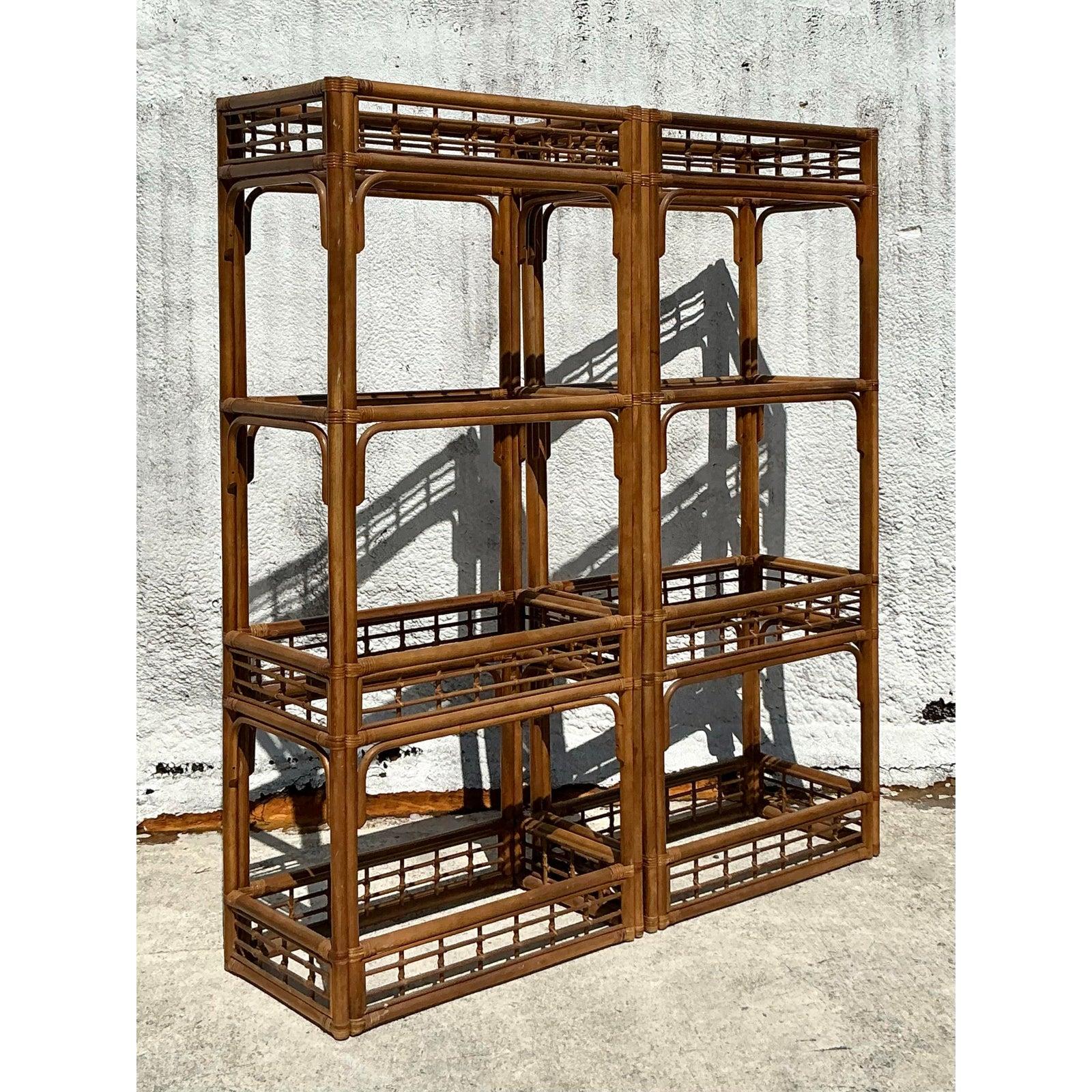 Vintage Coastal Bent Rattan Etagere - A Pair For Sale 1