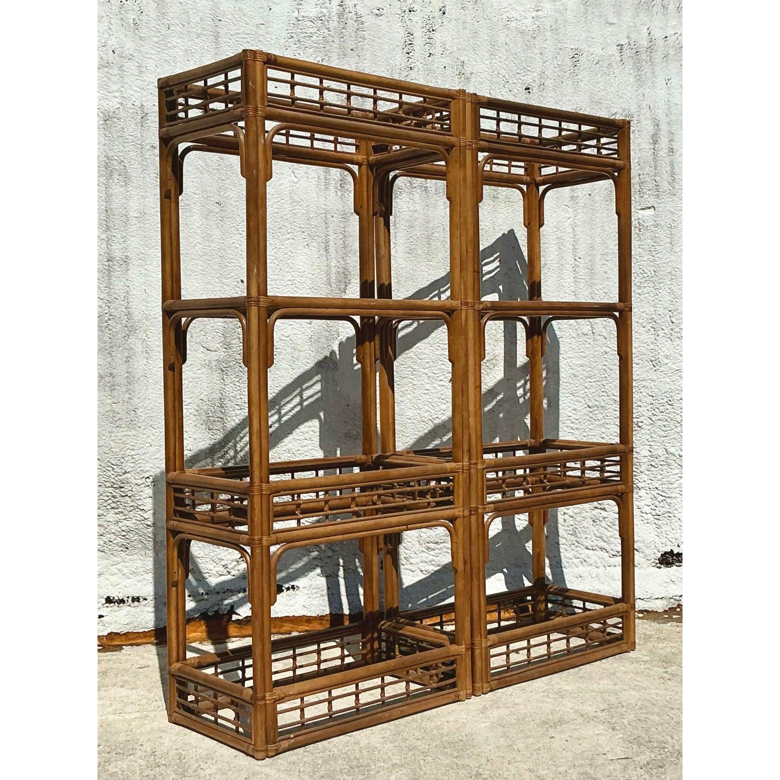 Vintage Coastal Bent Rattan Etagere - A Pair For Sale 2