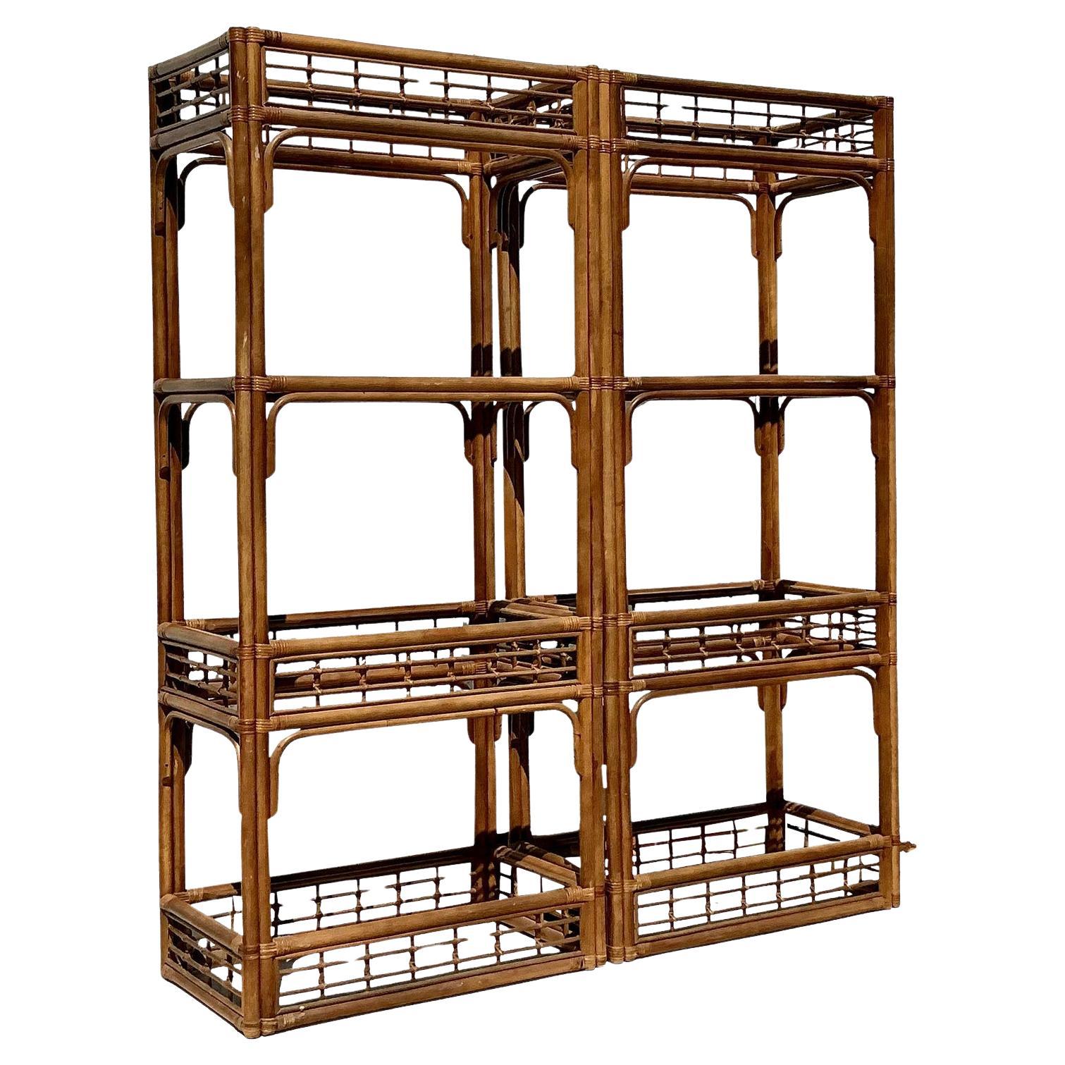 Vintage Coastal Bent Rattan Etagere - A Pair