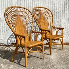 Vintage Coastal Bent Rattan Fan Back Chairs - a Pair