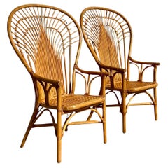 Vintage Coastal Bent Rattan Fan Back Chairs - a Pair