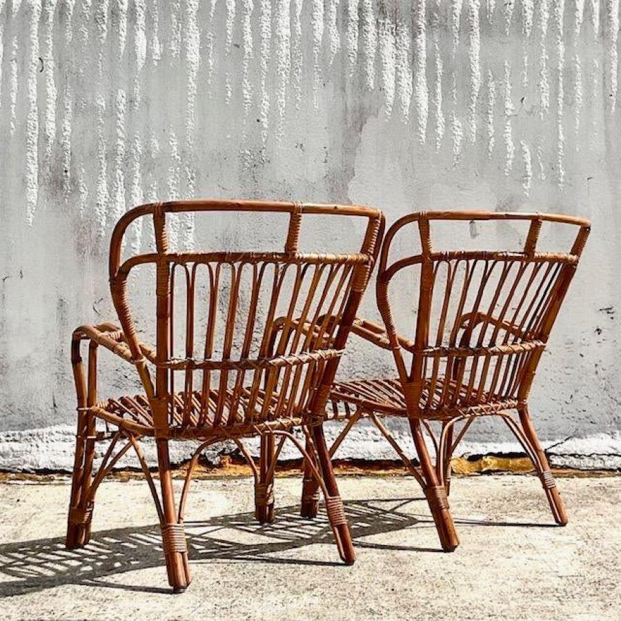 North American Vintage Coastal Bent Rattan High Back Lounge Chairs - Set of 2 For Sale