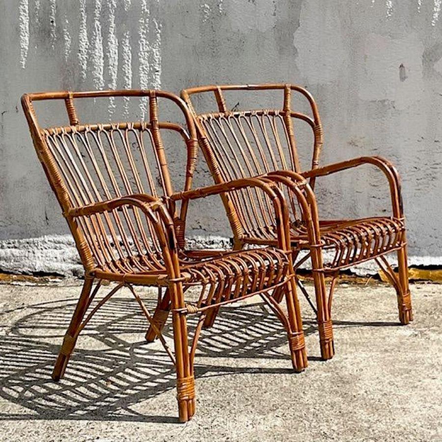 Vintage Coastal Bent Rattan High Back Lounge Chairs - Set of 2 In Good Condition For Sale In west palm beach, FL