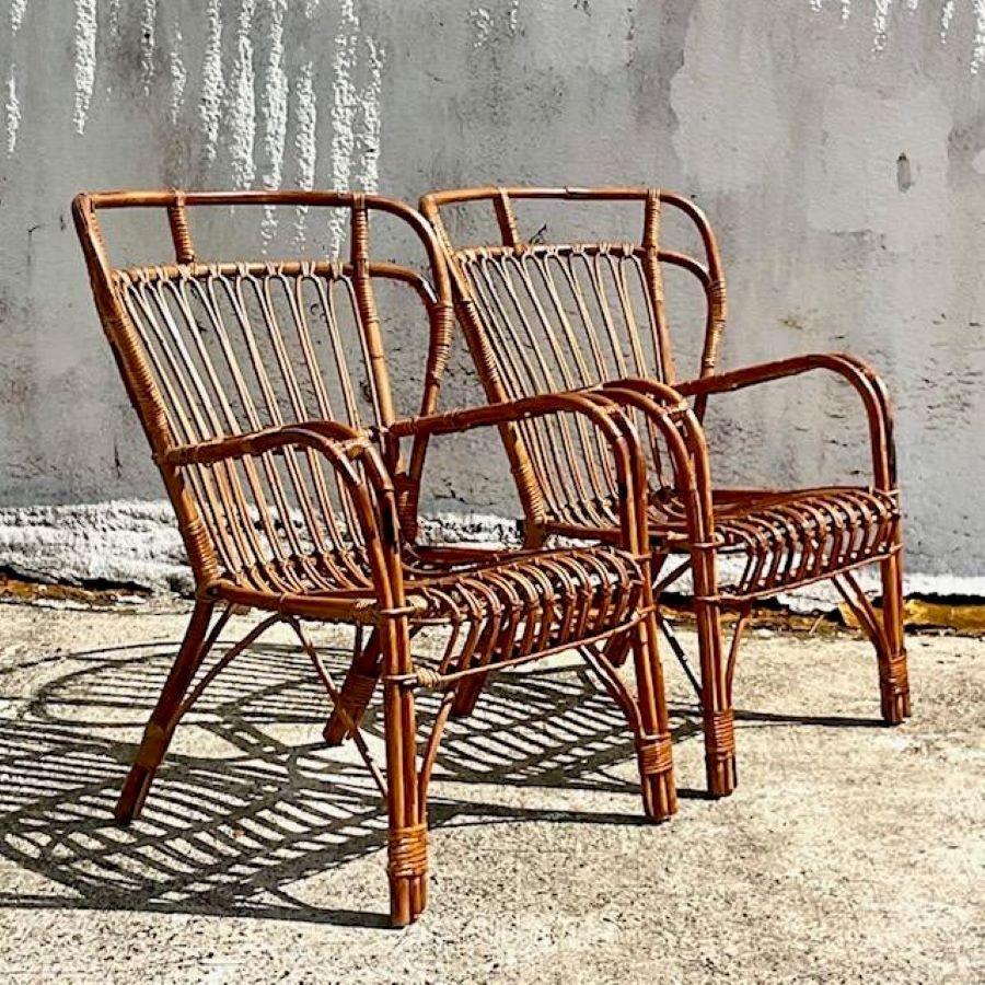 20th Century Vintage Coastal Bent Rattan High Back Lounge Chairs - Set of 2 For Sale