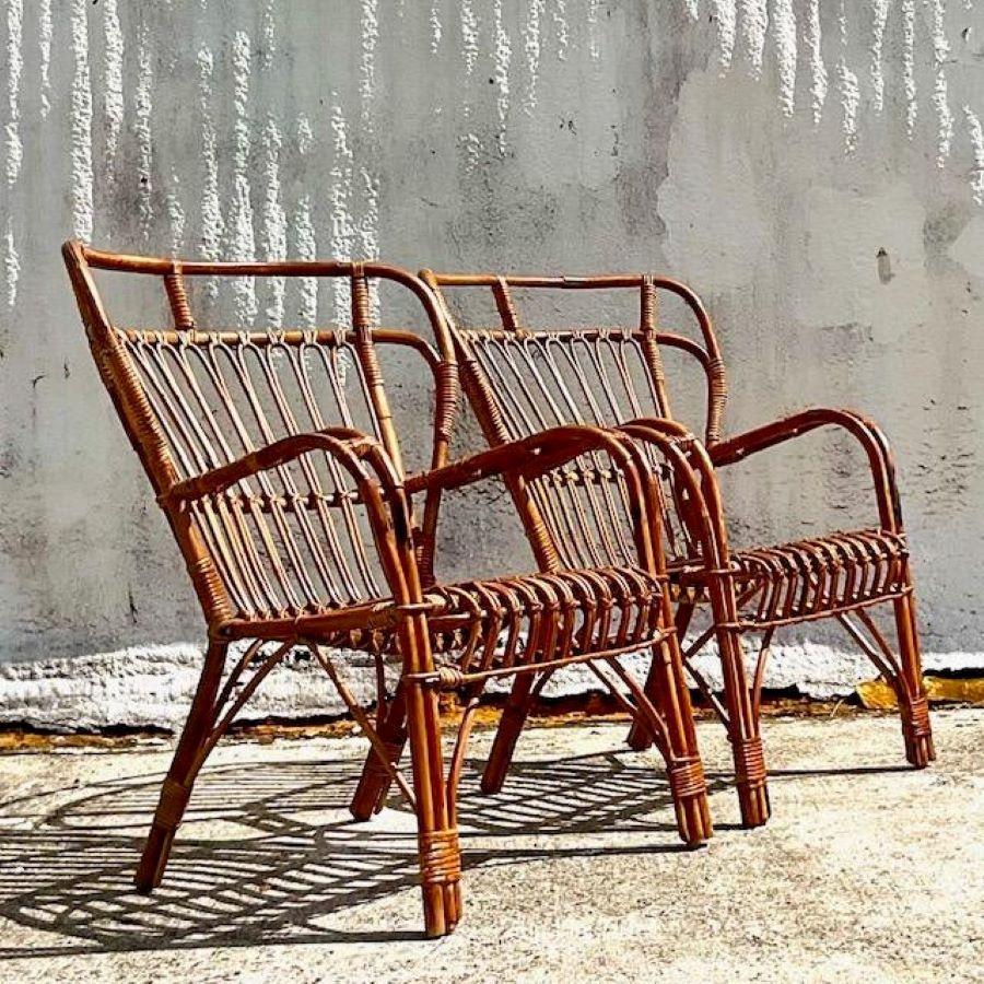 Vintage Coastal Bent Rattan High Back Lounge Chairs - Set of 2 For Sale 1