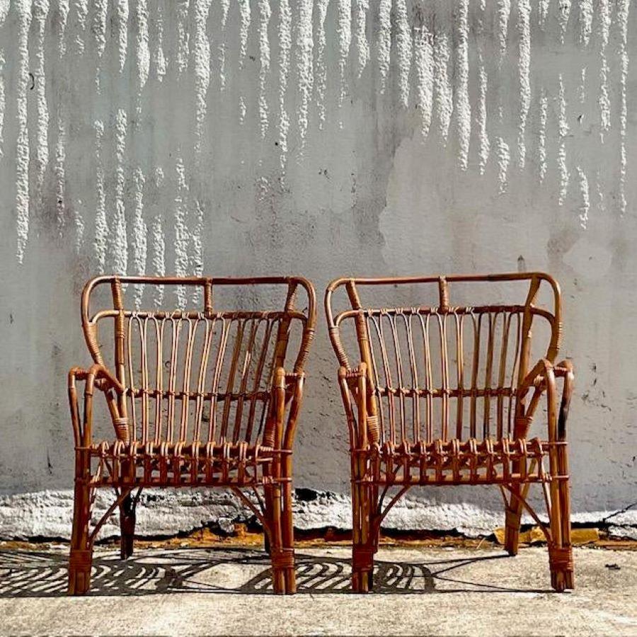 Vintage Coastal Bent Rattan High Back Lounge Chairs - Set of 2 For Sale 2