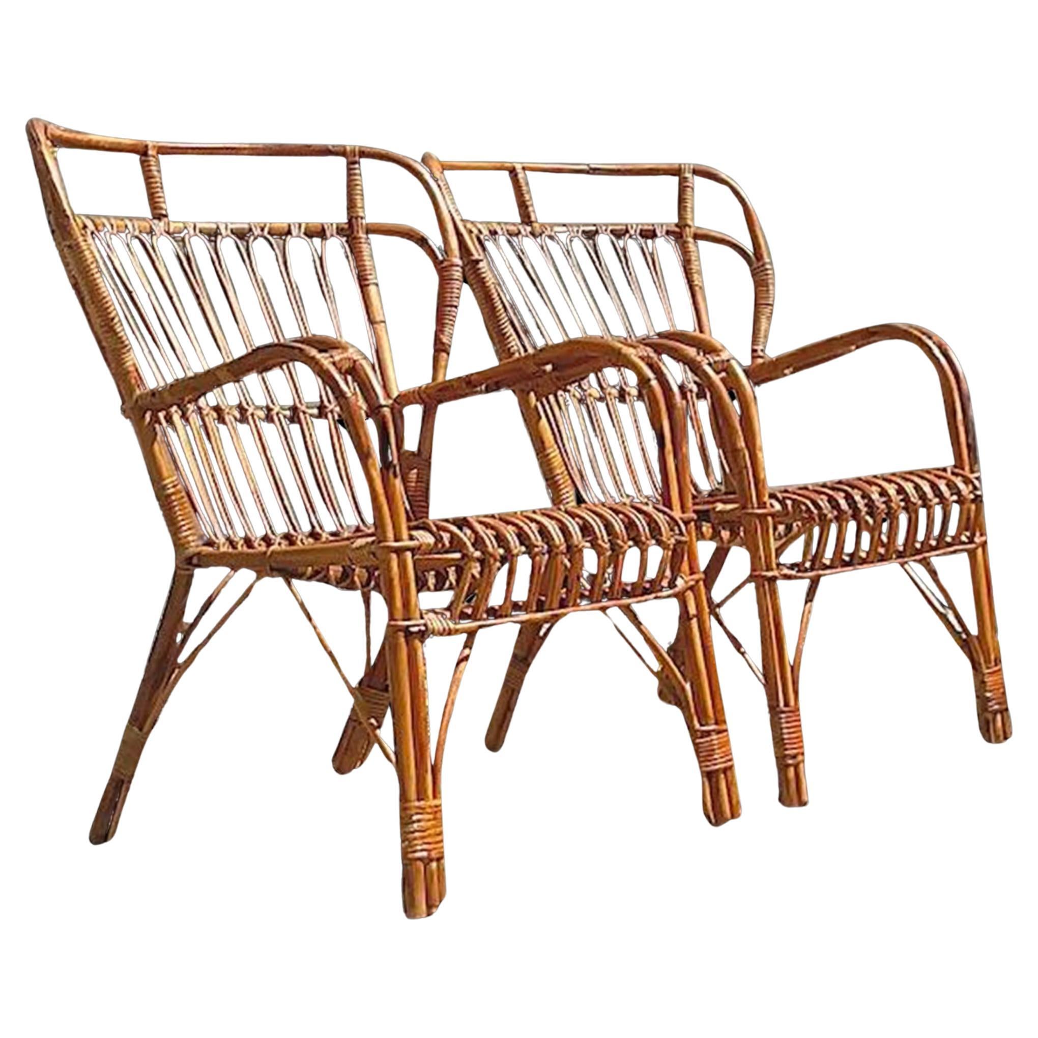 Vintage Coastal Bent Rattan High Back Lounge Chairs - Set of 2 For Sale