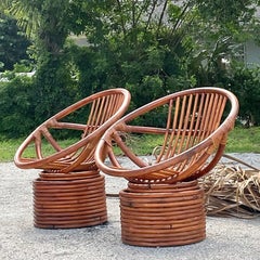Vintage Coastal Bent Rattan Hoop Lounge Swivel Chairs - a Pair