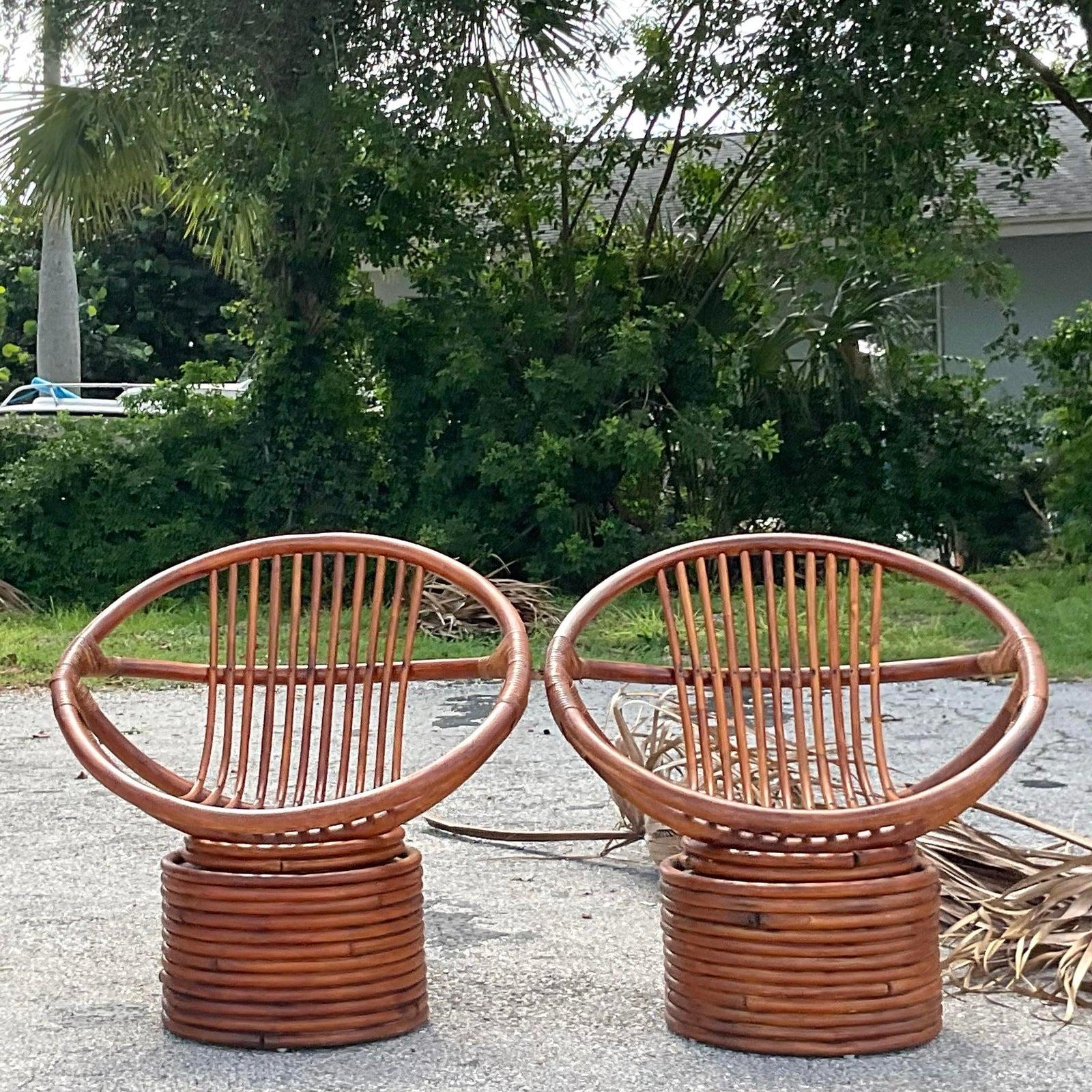 Philippine Vintage Coastal Bent Rattan Hoop Lounge Swivel Chairs - a Pair