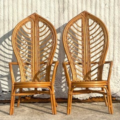Vintage Coastal Bent Rattan Leaf High Bark Arm Chairs - Set of 2