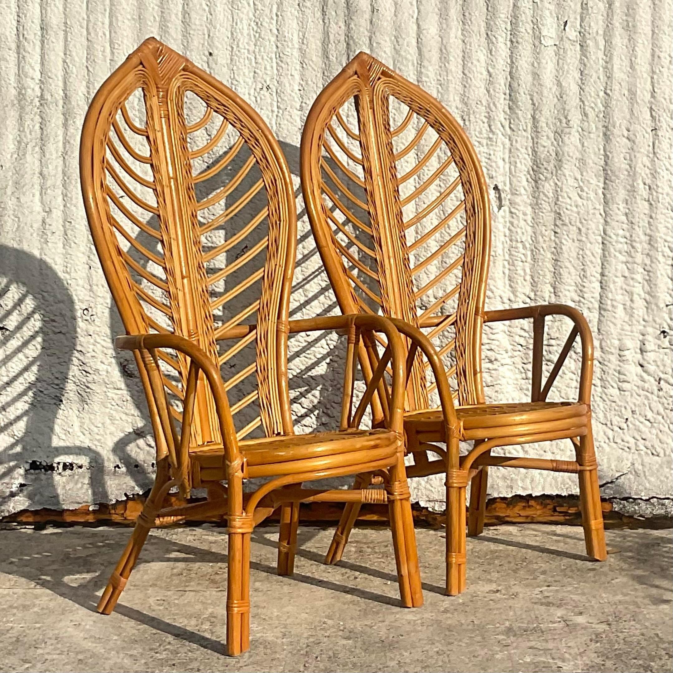 Philippine Vintage Coastal Bent Rattan Leaf High Bark Arm Chairs - Set of 2 For Sale