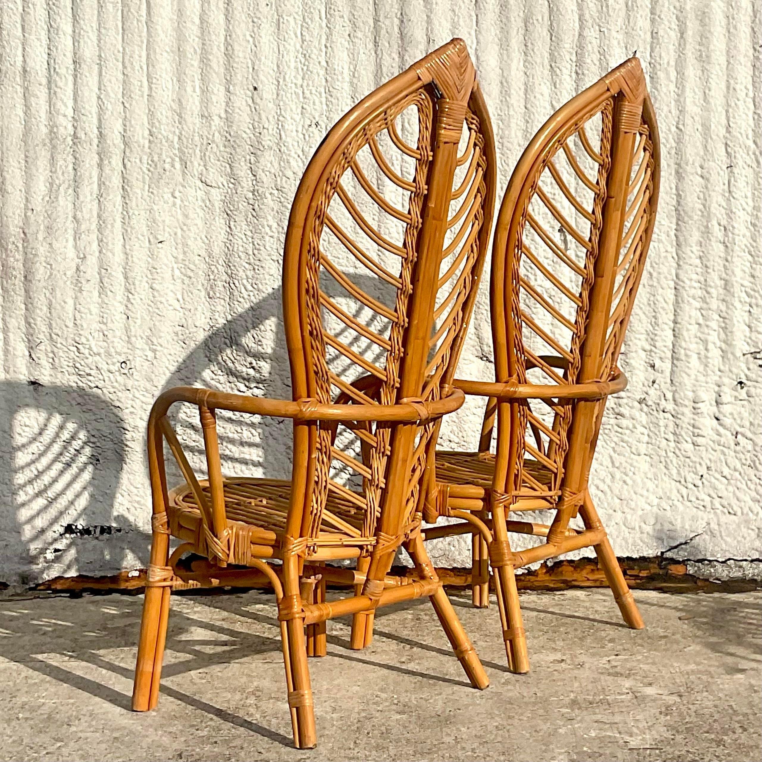 Vintage Coastal Bent Rattan Leaf High Bark Arm Chairs - Set of 2 In Good Condition For Sale In west palm beach, FL