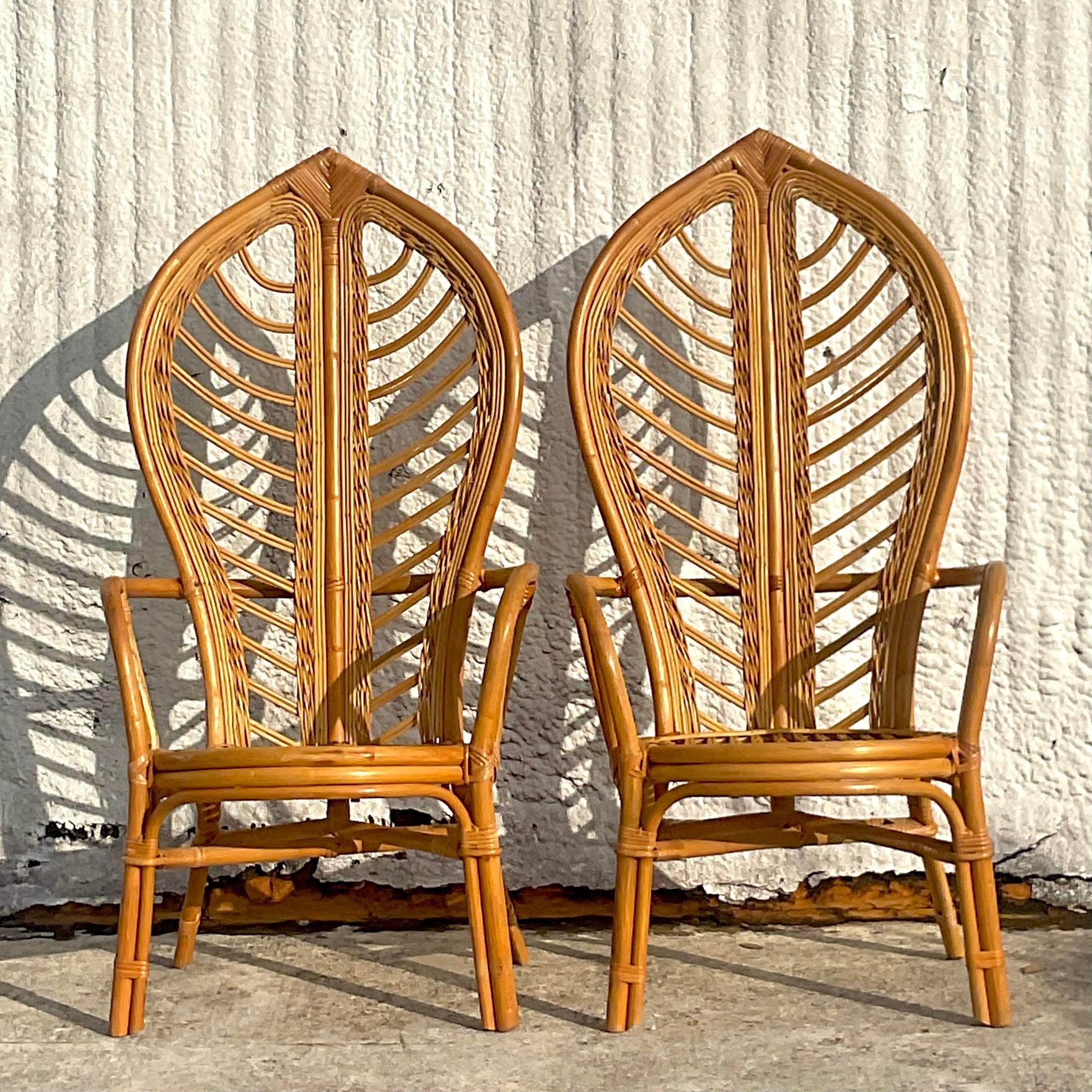 20th Century Vintage Coastal Bent Rattan Leaf High Bark Arm Chairs - Set of 2 For Sale