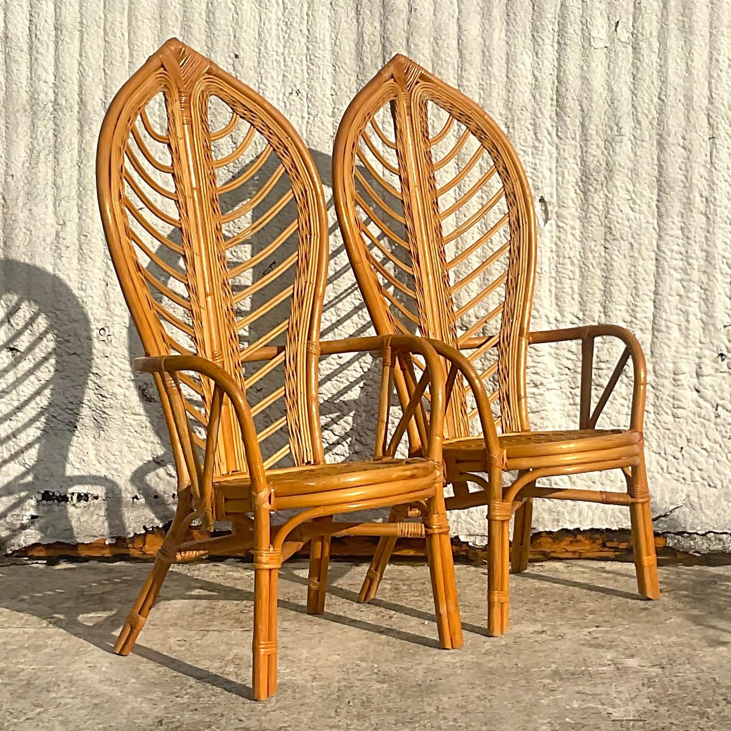 Vintage Coastal Bent Rattan Leaf High Bark Arm Chairs - Set of 2 For Sale 1