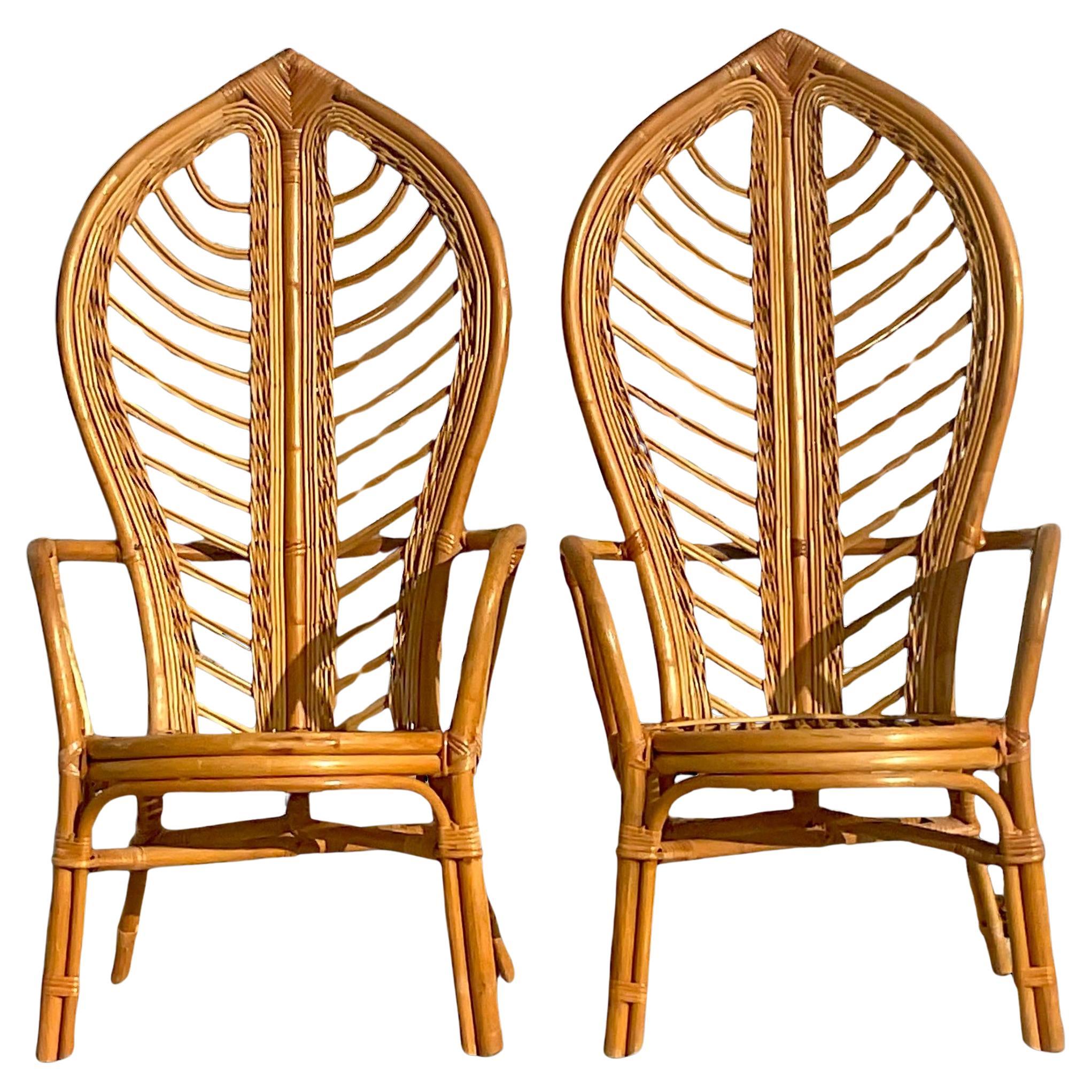 Vintage Coastal Bent Rattan Leaf High Bark Arm Chairs - Set of 2 For Sale