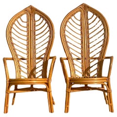 Vintage Coastal Bent Rattan Leaf High Bark Arm Chairs - Set of 2
