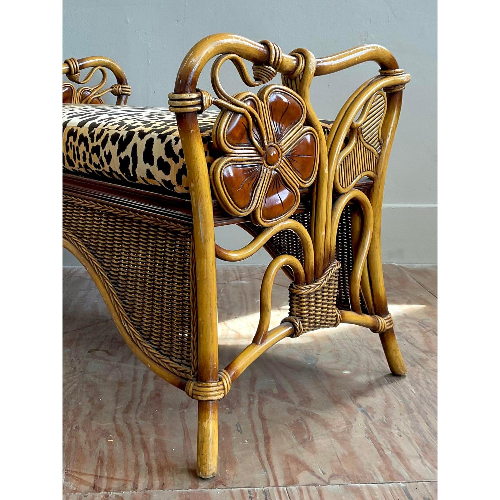 Hollywood Regency Vintage Coastal Bent Rattan Leopard Bench For Sale