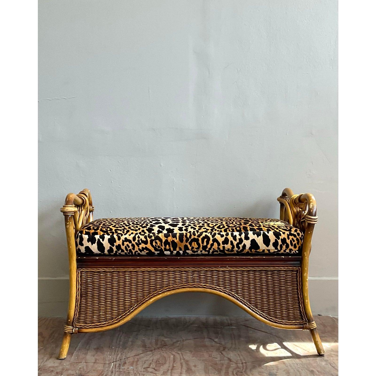 20th Century Vintage Coastal Bent Rattan Leopard Bench For Sale
