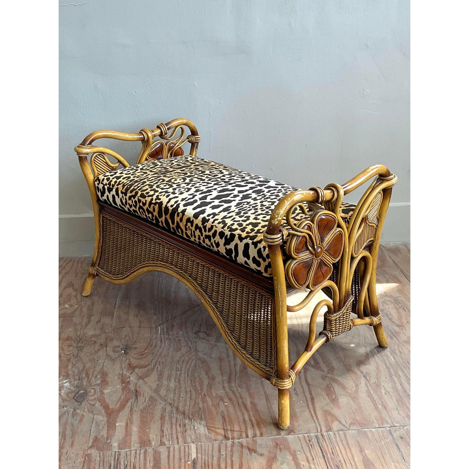 Fabric Vintage Coastal Bent Rattan Leopard Bench For Sale