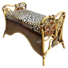 Vintage Coastal Bent Rattan Leopard Bench