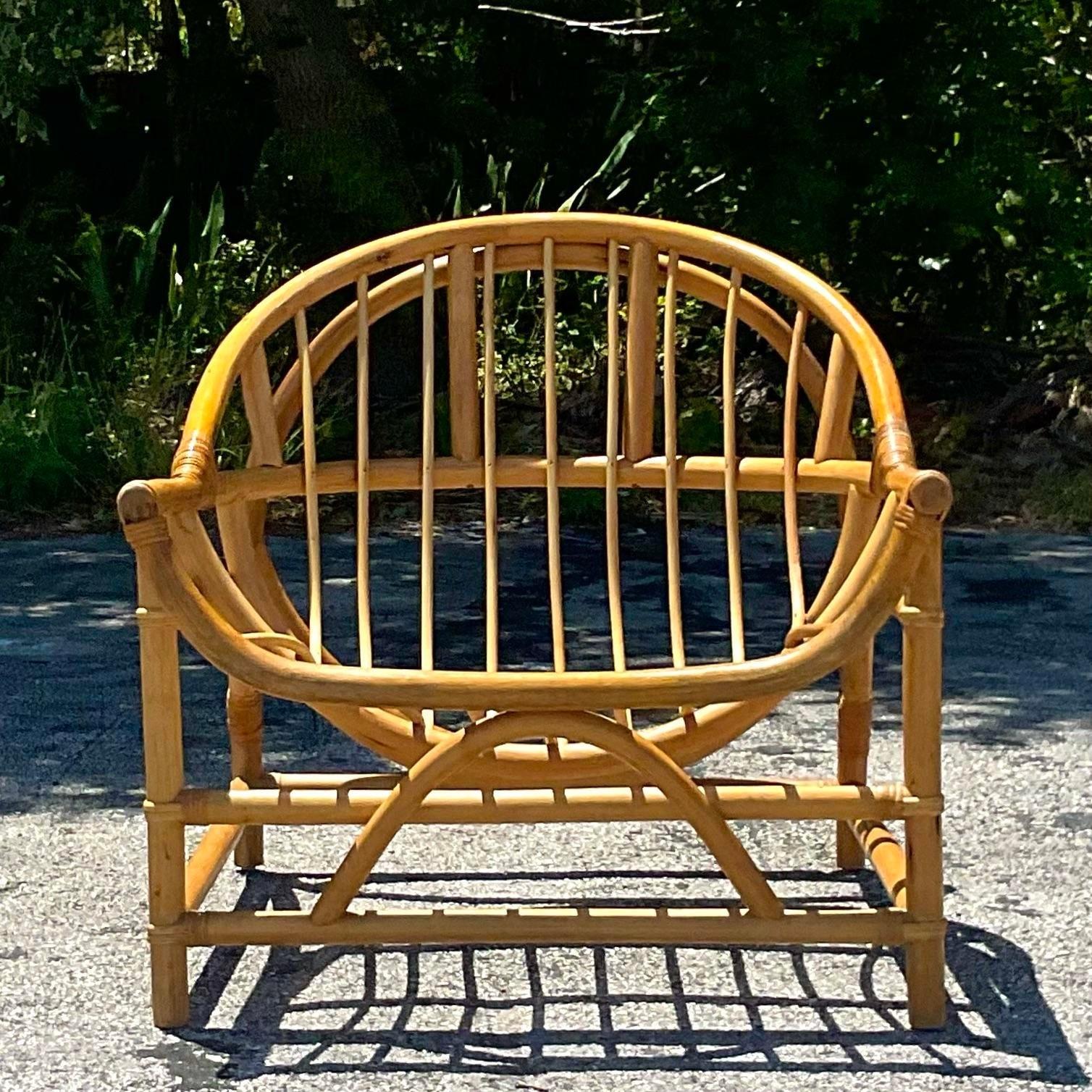 Vintage Coastal Bent Rattan Lounge Chair In Good Condition For Sale In west palm beach, FL
