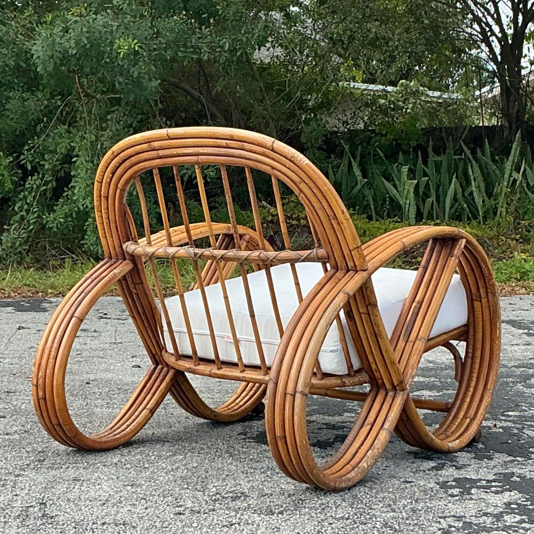 Fabric Vintage Coastal Bent Rattan Lounge Chair