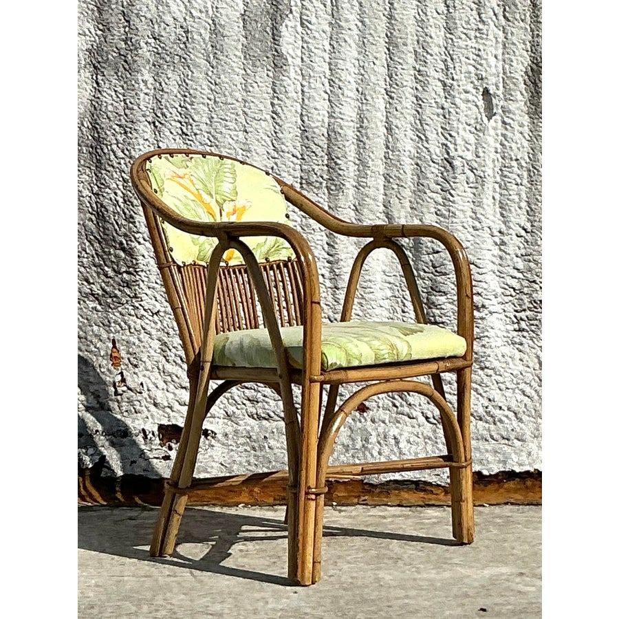 Fabric Vintage Coastal Bent Rattan Lounge Chair For Sale