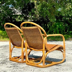 Vintage Coastal Bent Rattan Lounge Chairs - a Pair