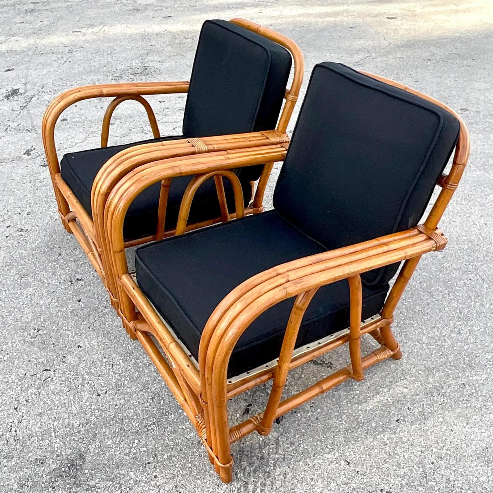 Philippine Vintage Coastal Bent Rattan Lounge Chairs - a Pair