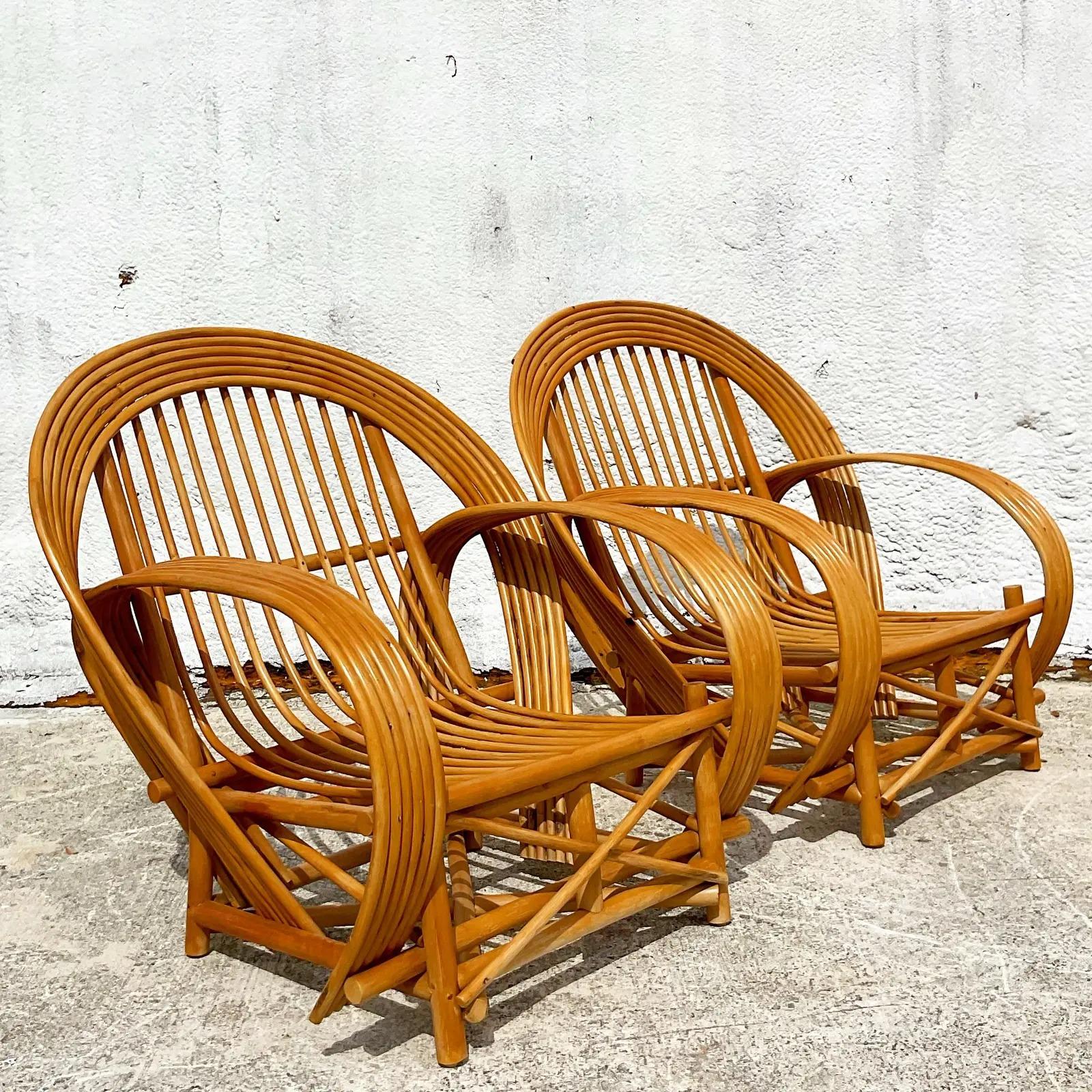 Philippine Vintage Coastal Bent Rattan Lounge Chairs - a Pair