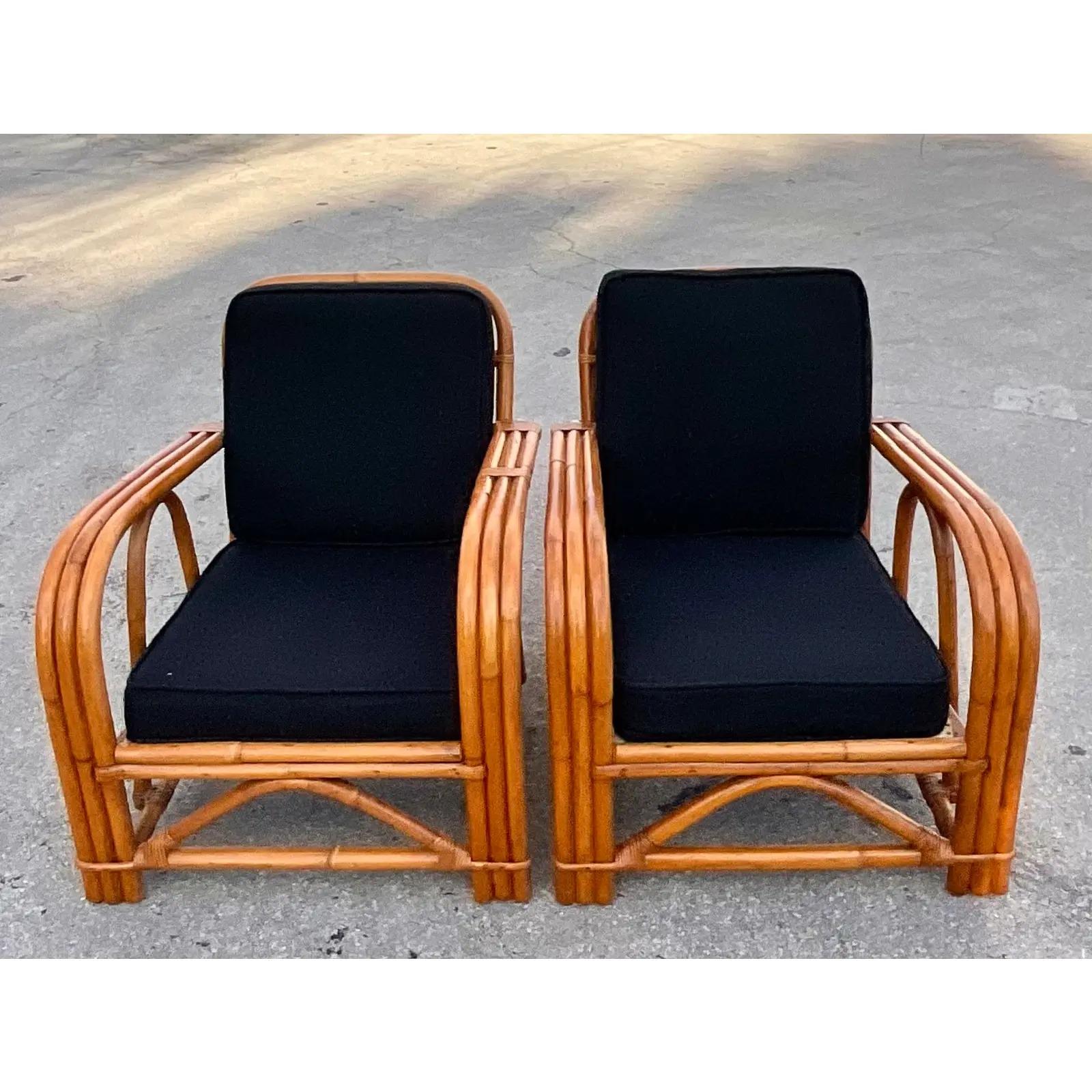 Vintage Coastal Bent Rattan Lounge Chairs - a Pair In Good Condition In West Palm Beach, FL