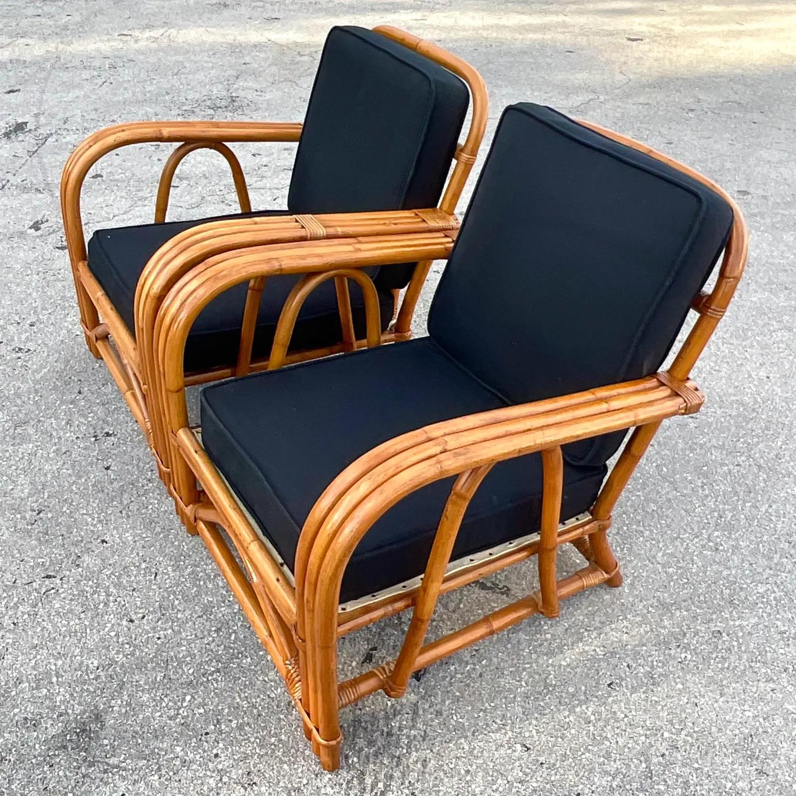 20th Century Vintage Coastal Bent Rattan Lounge Chairs - a Pair